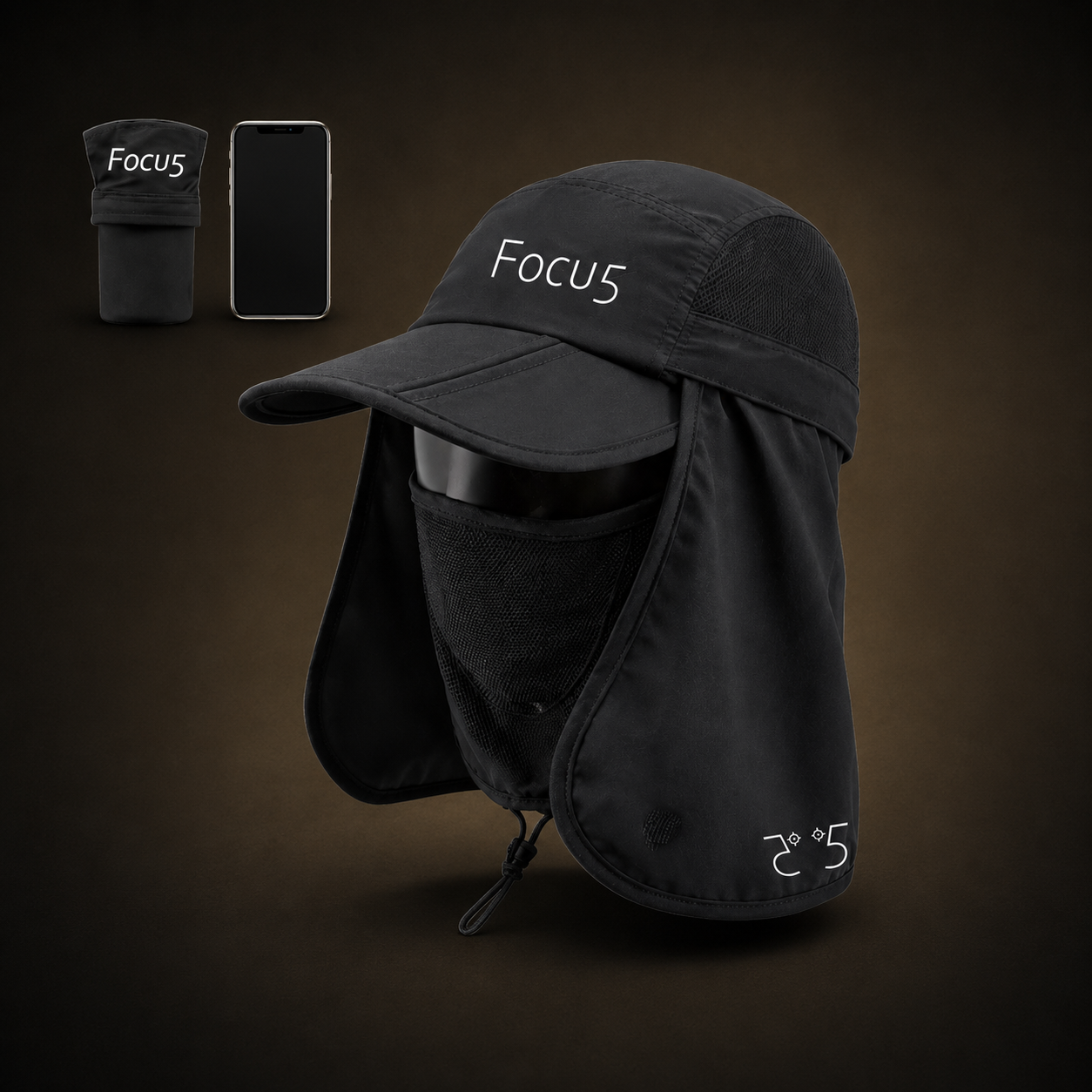 Focu5 black performance cap with face cover and neck flap
