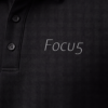 Black polo shirt embroidered FOCU5 logo close-up