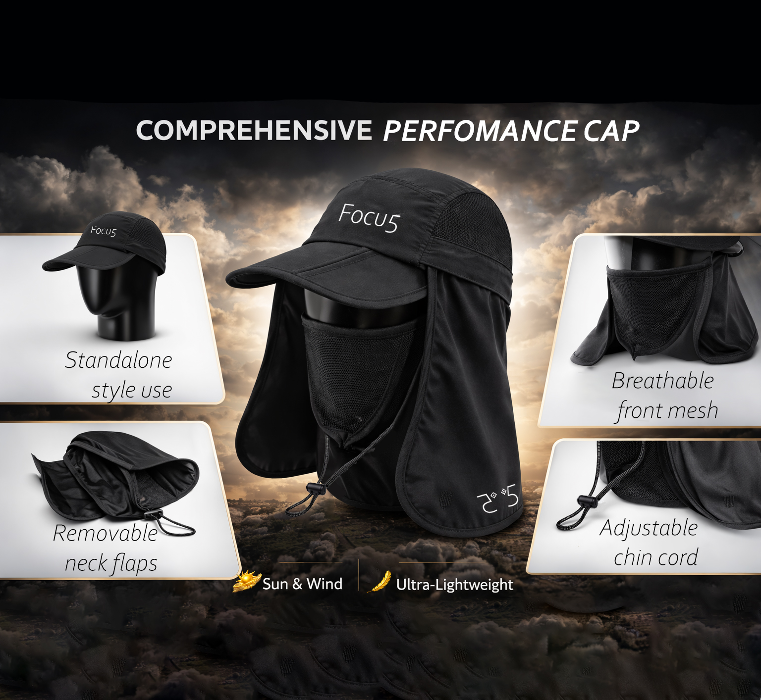 Focu5 performance cap standalone breathable front mesh removable neck flaps adjustable chin cord sun protector cap